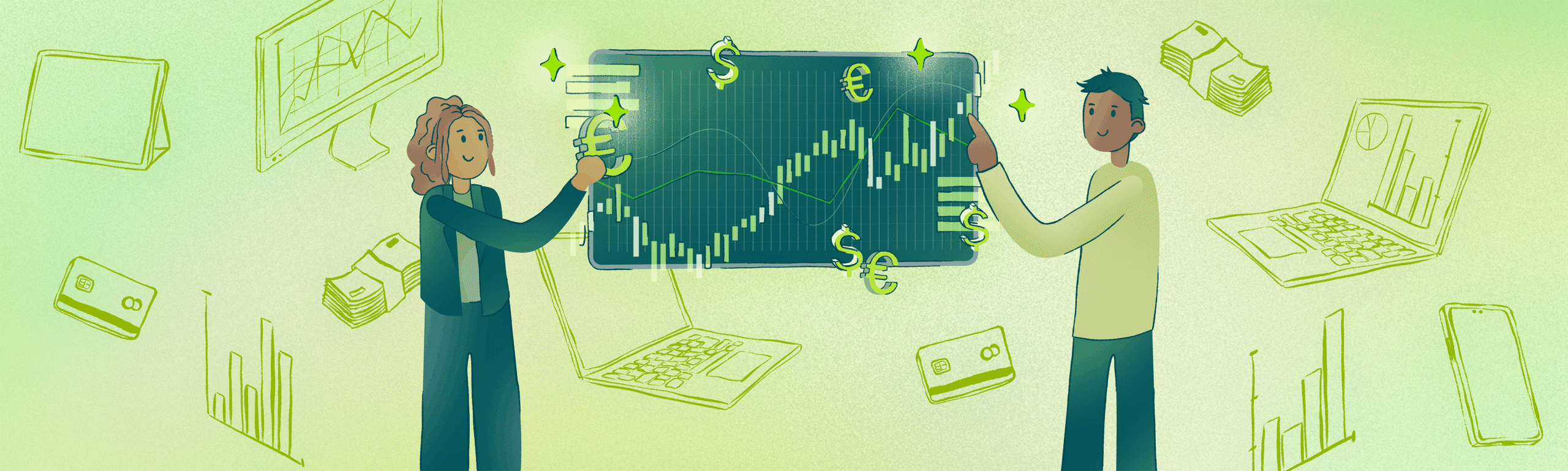 fidelis-header-fuer-leistungen-illustration-frau-und-mann-hintergrund-mit-gezeichneten-finanz-illustrationen